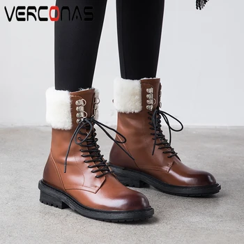 

VERCONAS Warm Wool Snow Boots Ankle Boots For Women Autumn Winter Genuine Leather Shoes Woman New Rivets Lace-Up Casual Boots