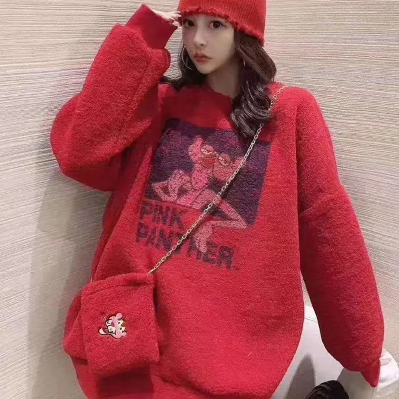 

Free bag lamb sweater women's winter 2020 new medium length thickened Plush lazy top Winter Office Lady christmas sweatshirt