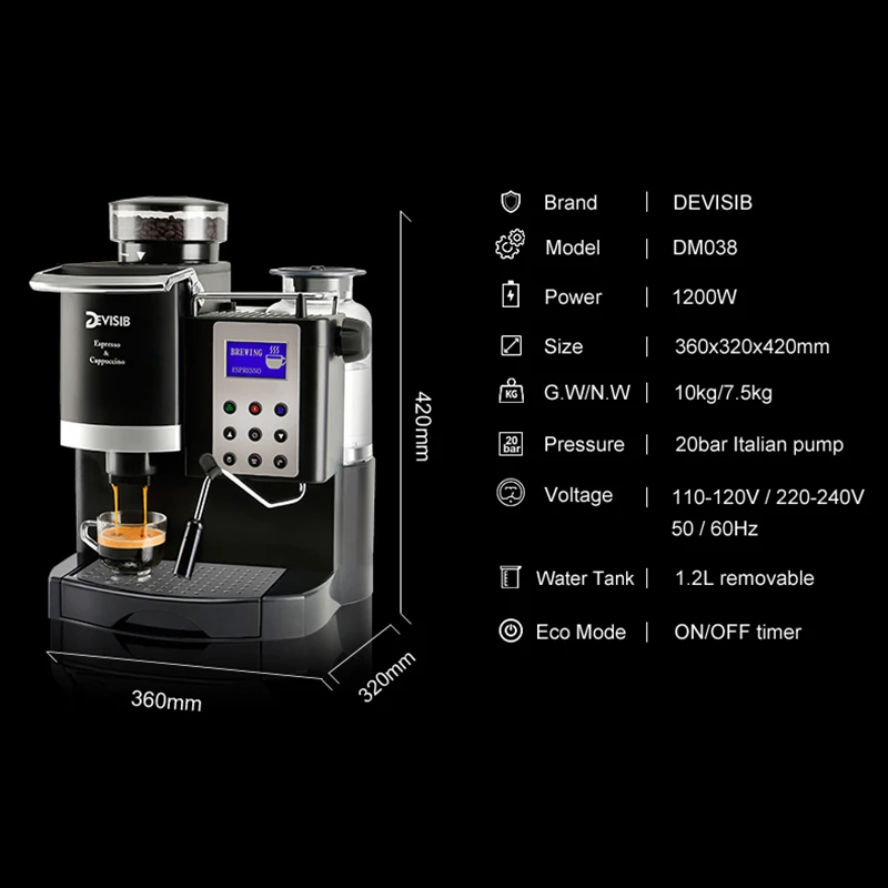 Ceny DEVISIB Professional All in One ekspres do kawy Americano Maker z młynek do ziaren i spieniacz do mleka stają się Barista łatwo