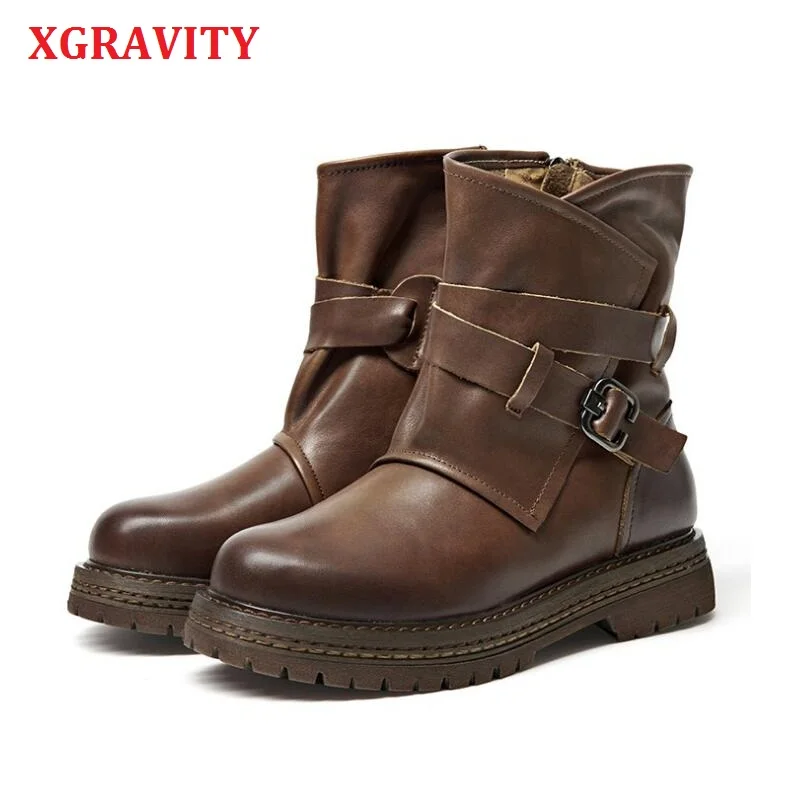

XGRAVITY New Fashion Casual Ladies Ankle Boots Elegant Genuine Leather Mid-Heeled Leisure Elegant Hand Mde Ladies Footwear S048
