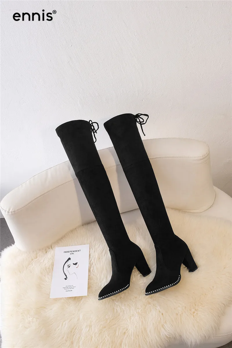ENNIS Women Over The Knee Boots Pointed Toe Winter Boots High Heel Knee High Boots Slim Fit Autumn Flock Shoes Fashion L934