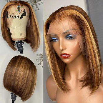 

HD Transparent 13x6 Lace Front Human Hair Wigs Pre Plucked Brazilian Remy Ombre Highlight Wig Short Straight Bob Wig 150 Density