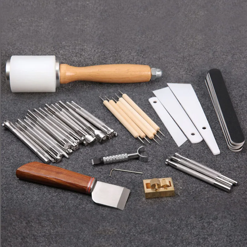 Leather Craft Carving Tools for Leather Printing Cutting Knife/Hammer/Leather Swivel Knife/Tool Storage Box Staming Set
