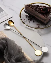 6Pcs Gold Round Brand Long Handle Spoon Set Stainless Steel Cutlery Set Stirring Drink Ice Cream Dessert Tea Spoon Dinnerware