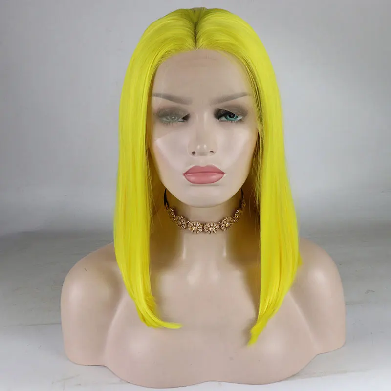 Bombshell Short Straight Bob Synthetic 13*4 Inch Lace Front Wig Yellow Heat Resistant Fiber Hair Middle Parting For Party Wigs