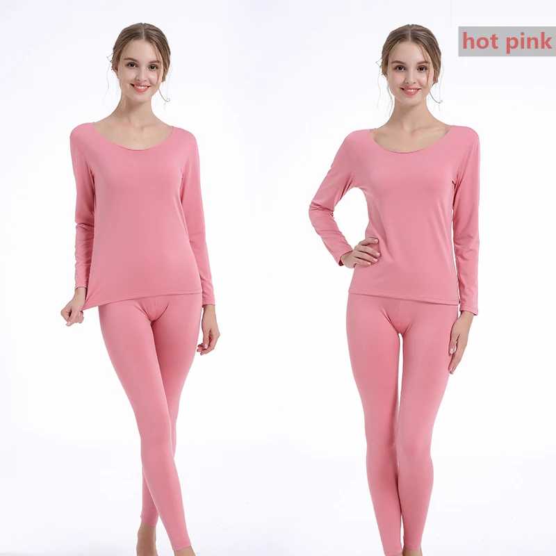 Hot Pink Женское зимнее бесшовное термобелье, обтягивающее нижнее белье, круглый воротник, длинные кальсоны, костюмы - Цвет: Hot Pink