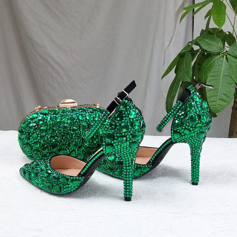 Shoe Heel High-Pumps Bridal Green Wedding-Shoes Party-Dress Pointed-Toe Woman Crystal