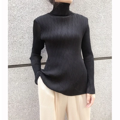 Горячая Miyake модная складывающаяся с длинными рукавами Новая Сексуальная футболка с высоким воротником Женская - Цвет: Черный