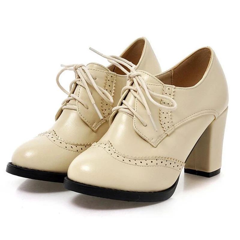 COVOYYAR/; винтажные женские туфли-лодочки на шнуровке; Туфли-оксфорды с вырезами; женские ботильоны из лакированной кожи на высоком каблуке-столбике; WHH132 - Цвет: beige