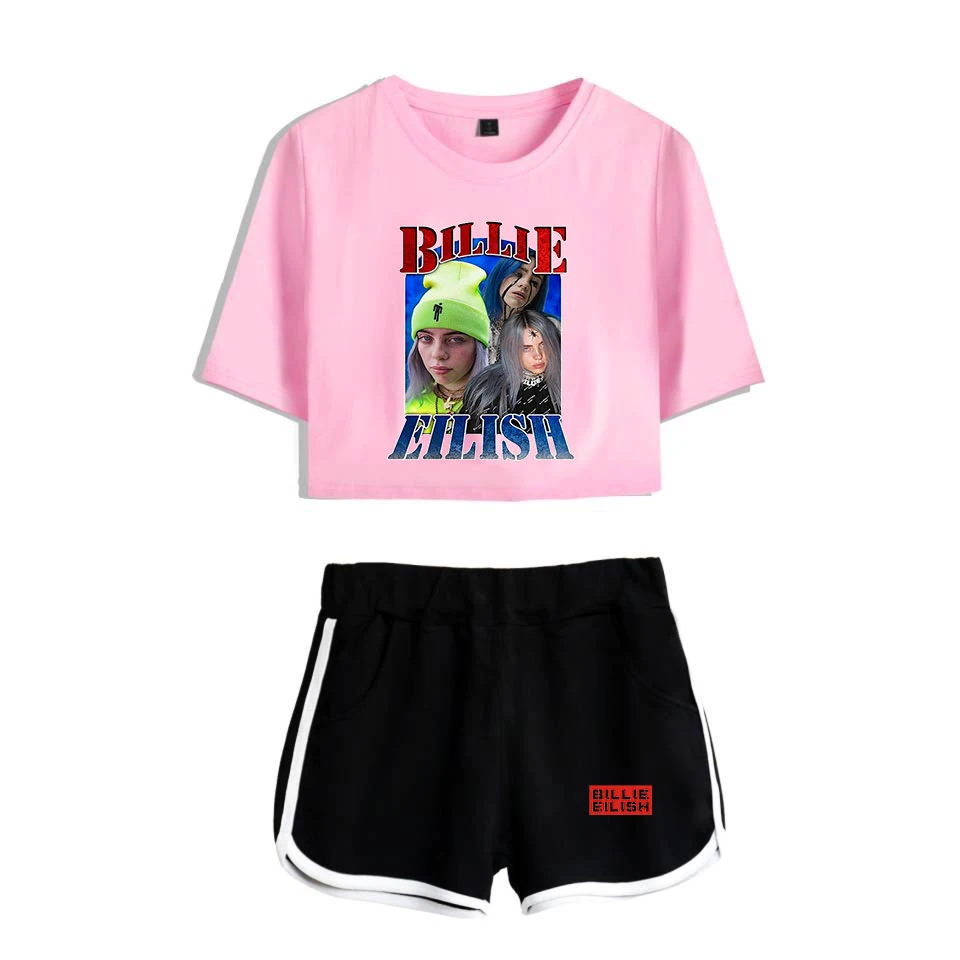 Popular new to Billie Eilish black short belly button T-shirt+ white shorts fashion women casual cotton girl two-piece