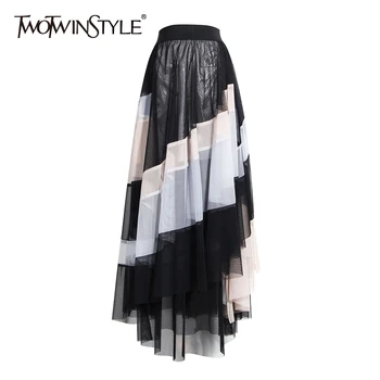 

TWOTWINSTYLE Casual Patchwork Mesh Women Skirt High Waist Asymmetrical Midi Hit Color Skirts For Female Fashion Spring Clothing