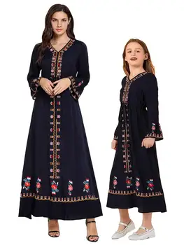 

Mother & Daughter Flare Sleeve Dress Abaya Muslim Embroidery Ethnic Kaftan Long Robe Women's Girls Kids Casual Clothing Dubai