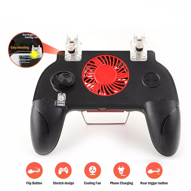 

Four Finger PUBG Game Controller Gamepad Joystick Cooling Fan Trigger Free Fire Shooting Gamepad For IOS Android Mobile Phone