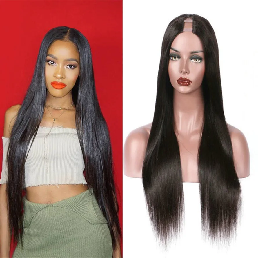 U Part Wigs Brazilian Silky Straight Natural Hairline 1B Color Bleached Knots opening Space：1*3 Remy Human Hair Glueless Wig | Шиньоны и