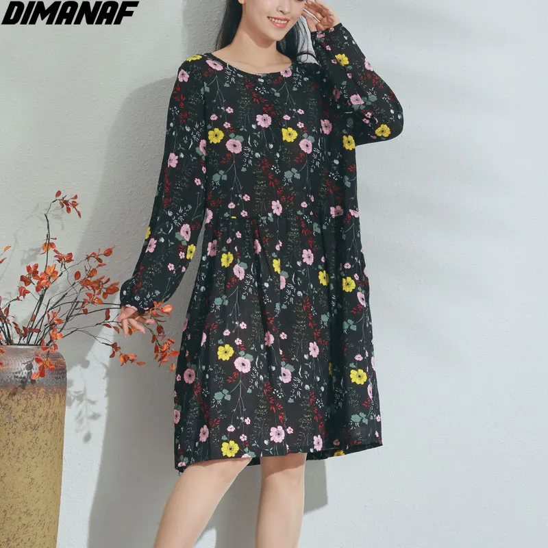 

DIMANAF Plus Size Women Dress Linen Autumn Floral Style Long Sleeve Patchwork Female Loose Vintage Black Casual 2021 Dresses