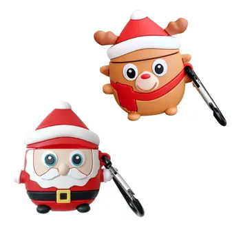

New Santa Claus Elk Protective Cover Silicone Case with Carabiner for Airpods 1/2