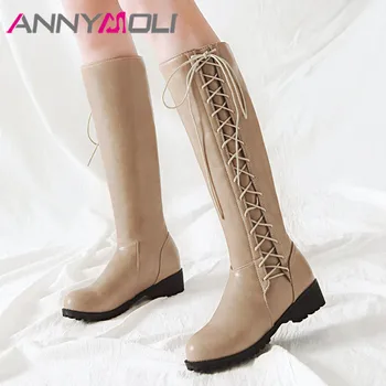 

ANNYMOLI Med Heel Knee High Boots Woman Platform Thick Heel Shoes Lace Up Long Boots Round Toe Female Footwear Winter Warm 34-44