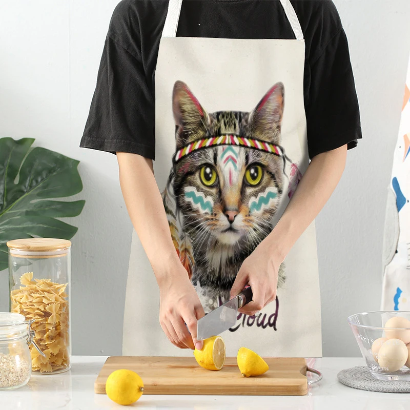 Hot 1pc Kitchen Apron Cute Cartoon Cat Printed Sleeveless Cotton Linen Aprons for Men Women Home Cleaning Tools 47x38cm 68x66cm