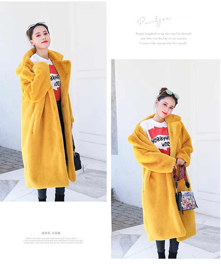Зимнее женское высококачественное пальто из искусственного кроличьего меха, роскошное длинное меховое пальто, Свободное пальто с отворотом, толстое теплое женское плюшевое пальто больших размеров