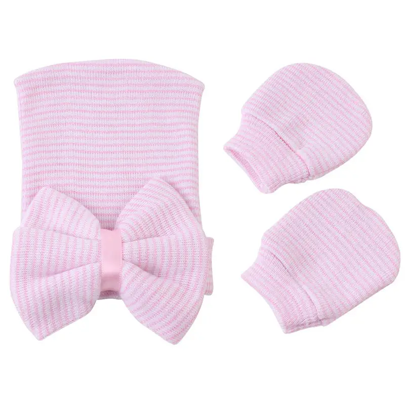 

Newborn Hat Baby Gloves Girl Cap Newborn Photography Props Anti Scratch Mittens Face Protection Set Kitted Cotton Bowknot Cap