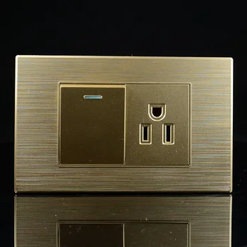 

118mm Gold wire drawing American 3-pole socket with 1 gang 1way switch PC flame retardant household safety power plug 15A