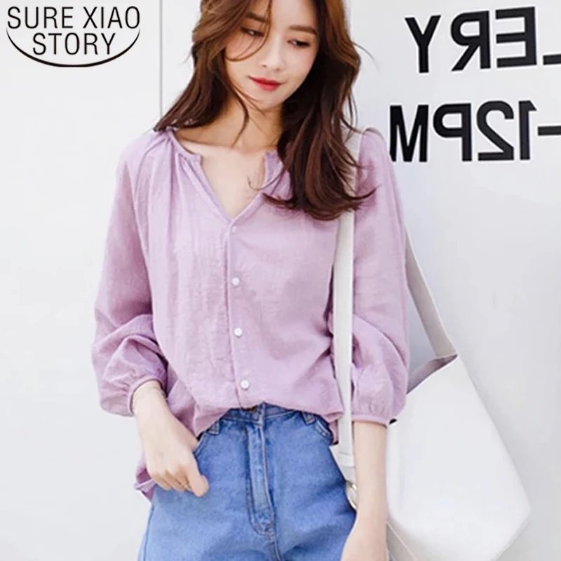 Blusas mujer de moda, корейская мода, одежда с длинным рукавом, на пуговицах, v-образный вырез, одноцветные женские топы, свободные рубашки, блузки, розовые 7309 50