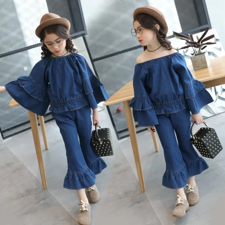 

2 Pieces Suit Girls Jeans Clothing Set Spring Denim outfits Blue Flare Sleeve Shirts +Pants ensemble fille For 10 12 14 16 Years