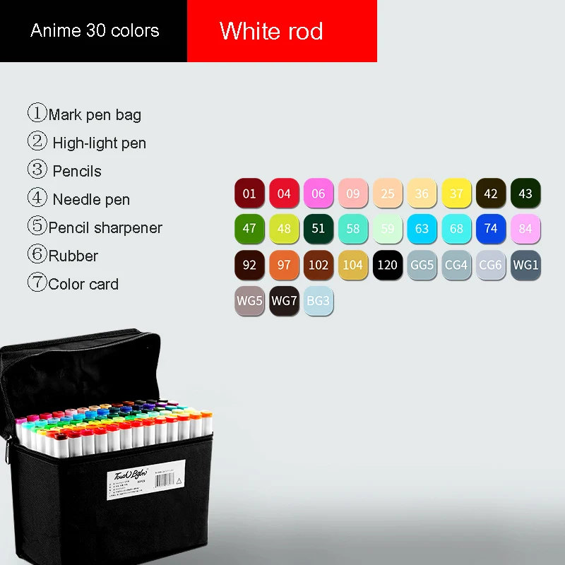 Markers brush Pen Set authentic student double-headed beginner 30/40/60/80 colors oil alcohol painting marker art supplies - Цвет: Anime 30 White rod