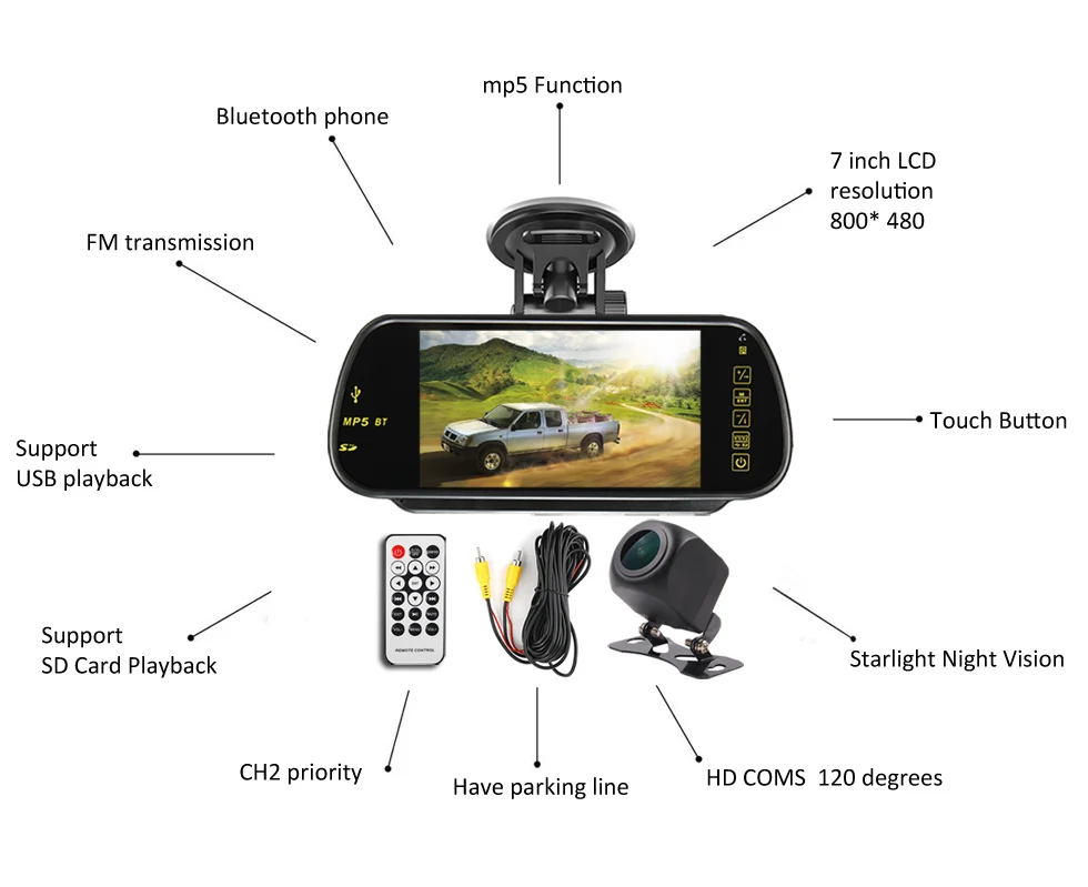 Автомобильный 7 дюймовый монитор зеркала заднего вида MP5 Поддержка USB SD BT FM
