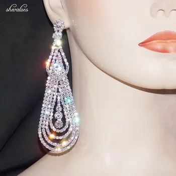 

SHEVALUES Luxury AB Diamante Rhinestone Tassel Earrings Crystal Chandelier Drop Earrings Teardrop Big Statement Earrings