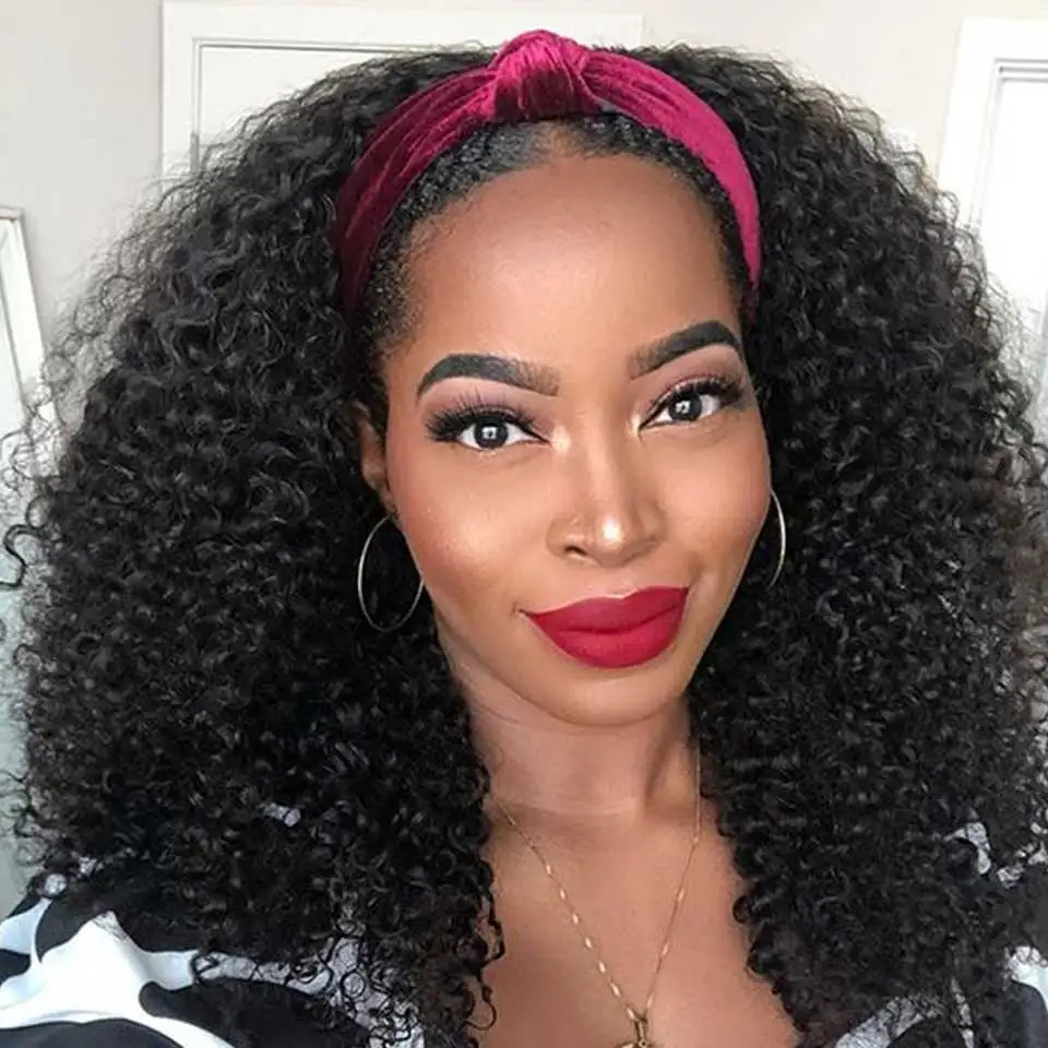 Afro Kinky Curly Headband Human Hair Wig For Black Women Curly Wigs With Headband Random Gift Full Machine Remy Glueless