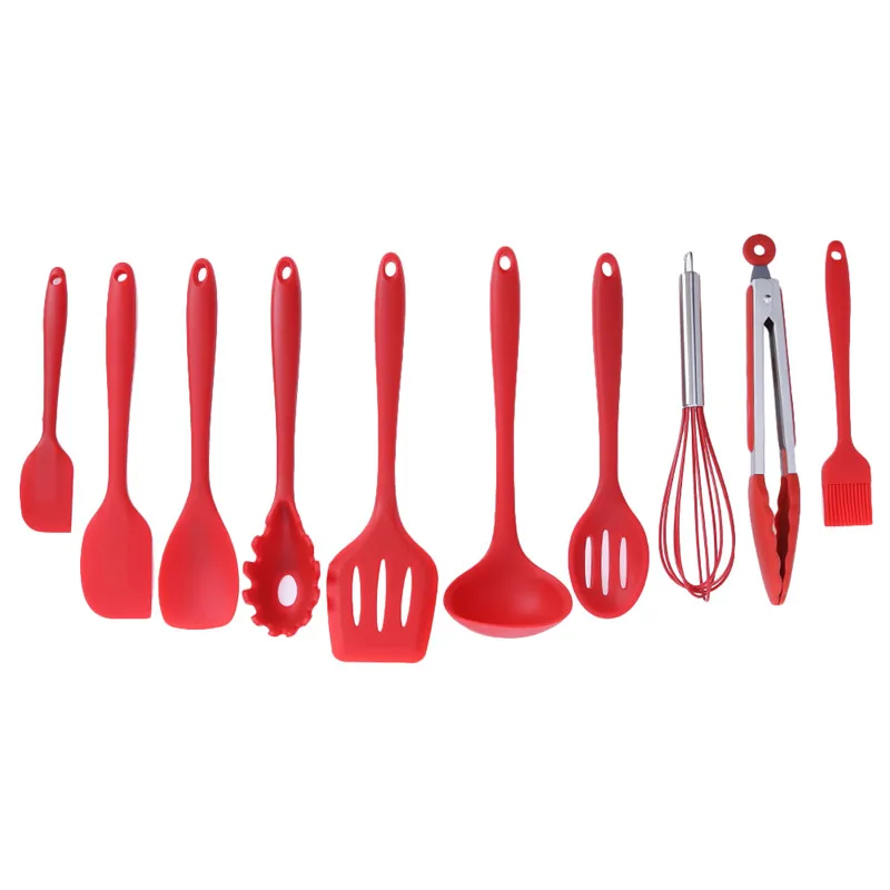 10Pcs red Высокое качество, набор посуды, силиконовая ложка, кухонная утварь, аксессуары kichen, щипцы для супа, набор кастрюль - Цвет: 10Pcs red