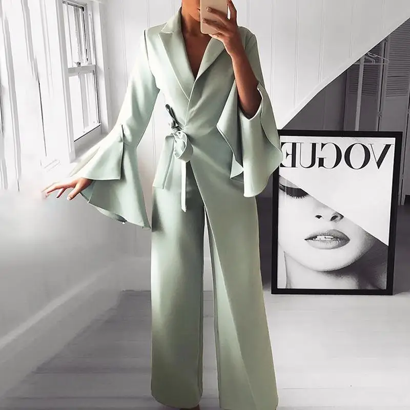 

Women Elegant Green Long Sleeve Workwear Formal Party Romper Autumn Winter Irregular Flared Sleeve Knot Side Wide Leg Jumpsuit