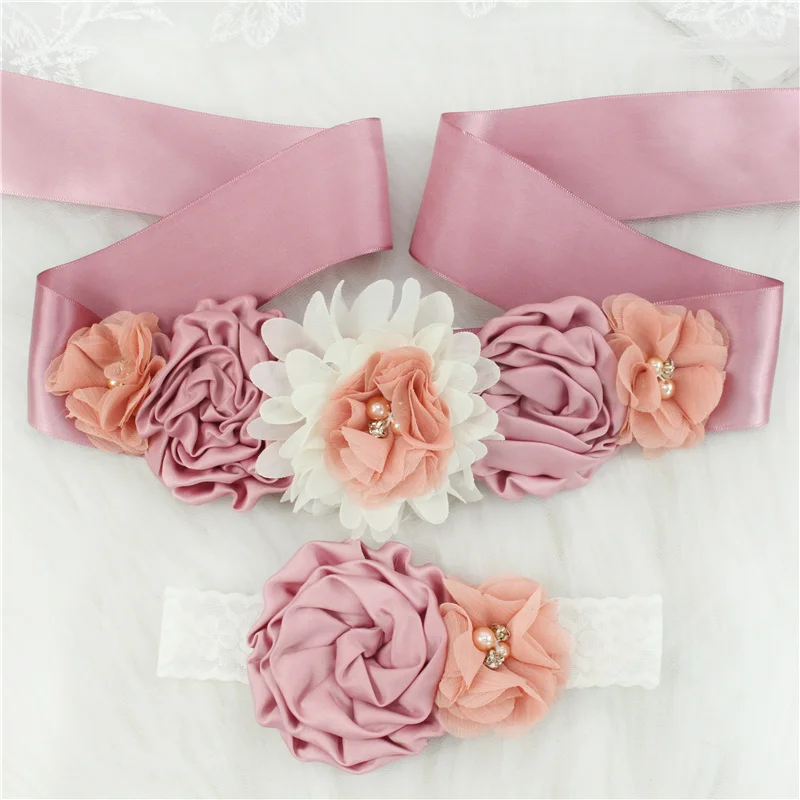 Bridal Waistband Casual Waist Belt Children Girls Waist Belts Long Ribbon with Headband Flower Polyester Belt Wedding Waistband For Girls Party Dress Accessories