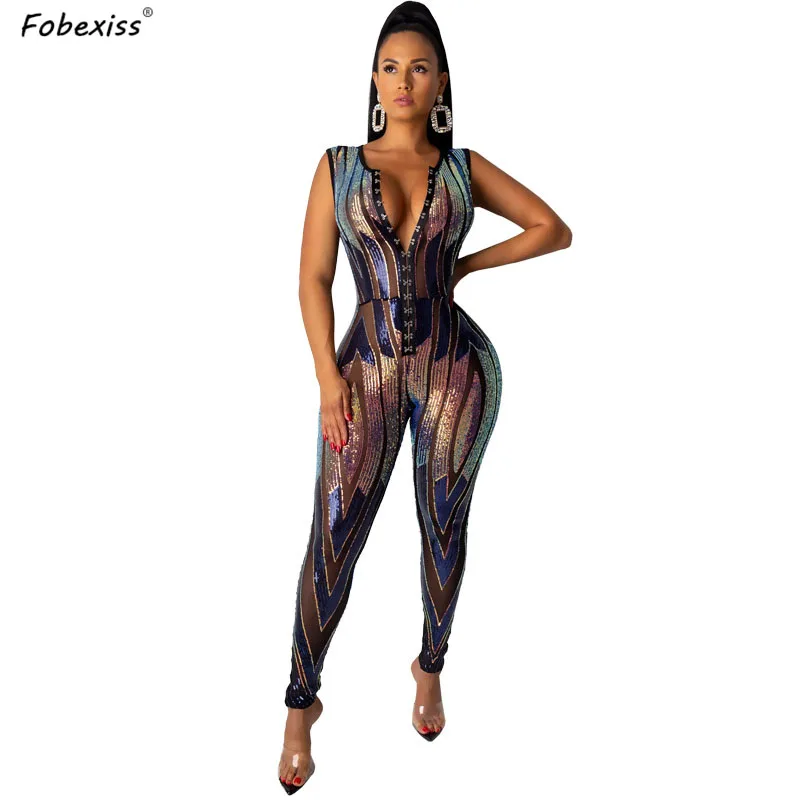 

Mesh See Through Rompers Transparent Jumpsuits Sequined Deep V Neck Sleveless Bodysuits Clubwear Sexy Night Party Rompers Women