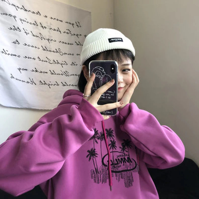 Стиль Harajuku свободный пиксель с капюшоном женский утолщение плюс длинный рукав принт светло розовый Топы o-образным вырезом Женская толстовка