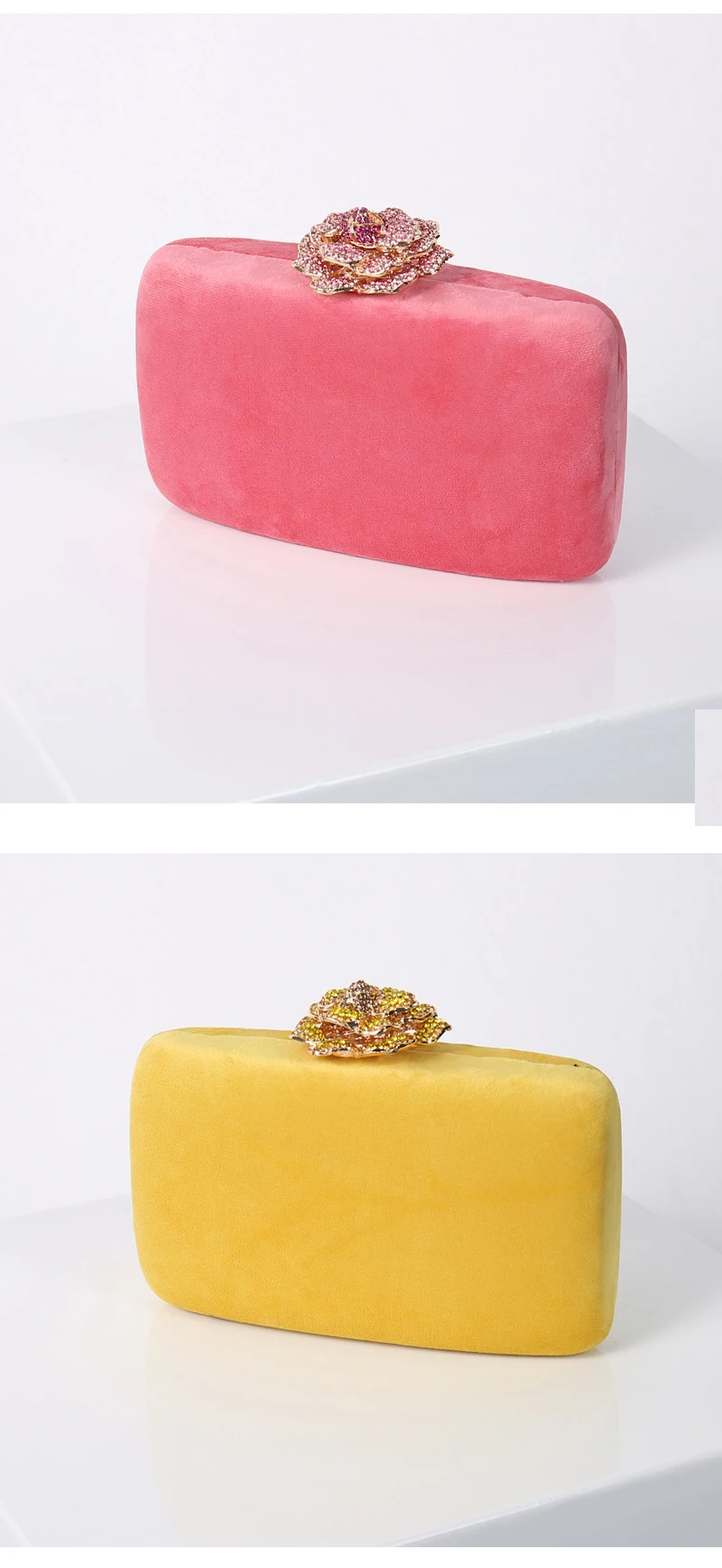 Luxy Moon Pink and Yellow Velvet Clutch Bag Front View