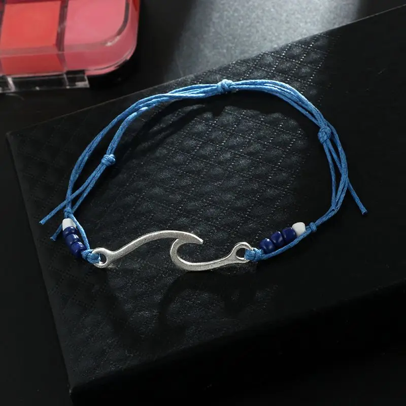 

4Pcs Boho Handmade Sky Blue Waterproof Wax Coated Wave Charm Beach Bracelets U50C
