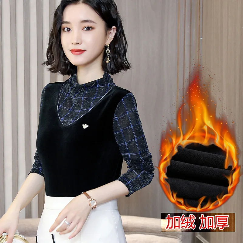 

Anqi Pull 2019 New Style Brushed And Thick High Collar Plaid Stitching Mock Two-Piece Velvet Slim Fit Versatile Base Shirt