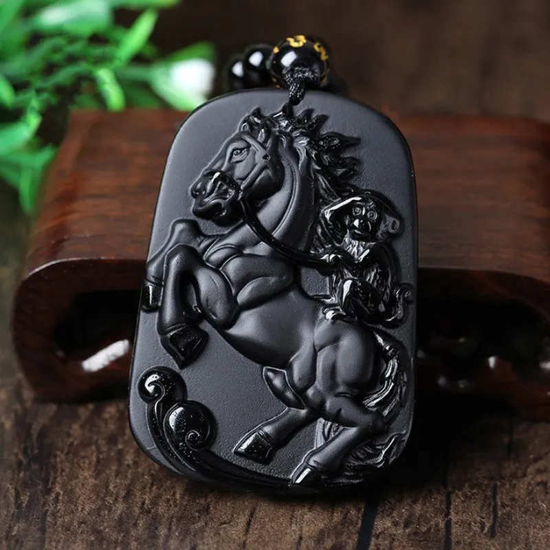 

Natural Obsidian Horsea and Monkey Pendant Jewelry Lucky to ward off Evil Auspicious Necklace Pendant Jade Fine Jewelry