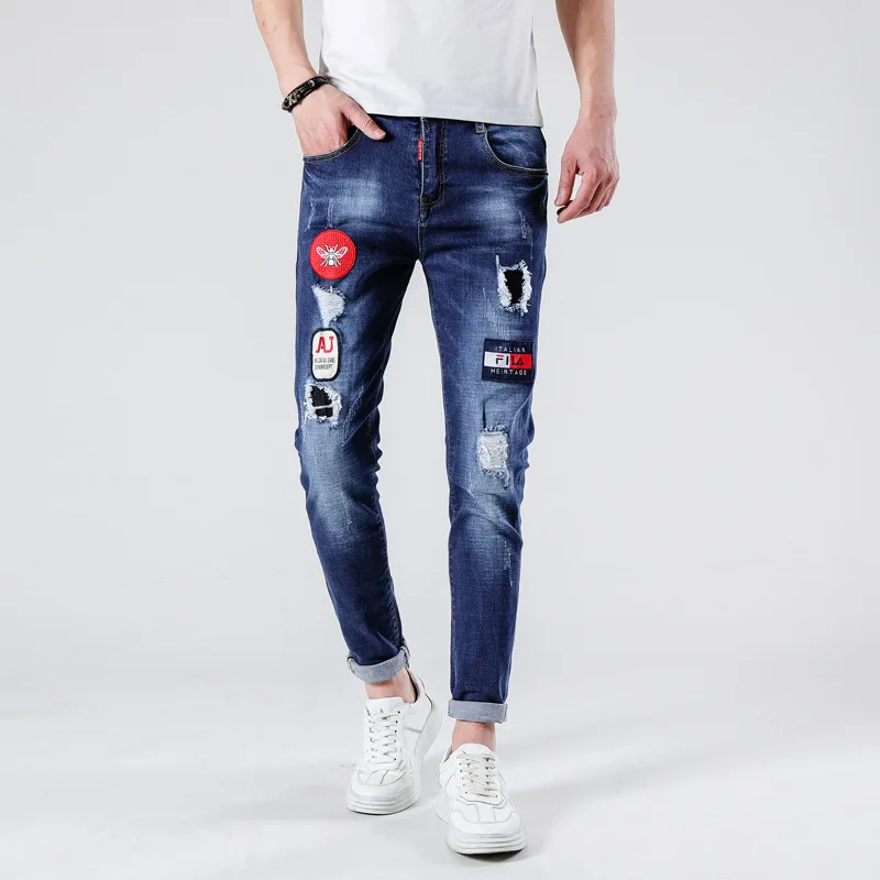 

Jeans Men, Ozhouzhan 2019 Spring Summer, Men Hole Patch Embroidered Chapter Aberdeen Slim Fit Cowboy Trousers