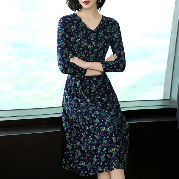 

Dress Women's Summer 2019 New Style V-neck Korean-style Mid-length Slimming Thin Large Size Floral-Print A- line Skirt Fashion