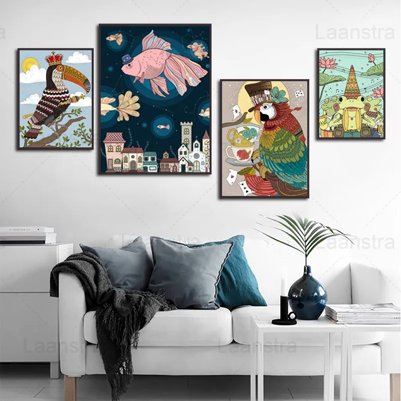 Children Decor Poster Hand Drawn Cartoon Animal Fairy Tale Pattern Goldfish Parrot Frog Canvas Print Wall Decoration for Baby | Дом и сад