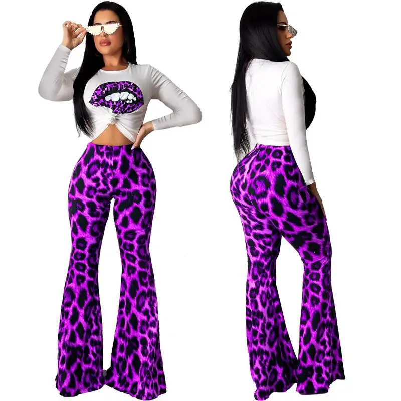 Adogirl/комплект из двух предметов с леопардовым принтом, Женская Повседневная футболка с длинным рукавом, укороченный топ+ расклешенные брюки с высокой талией, костюм, женская одежда, костюмы - Цвет: purple long