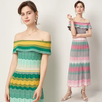 

Women's Knitted Long Dress One Free Size Striped Colors Panelled Sexy Slash Neck Lady's Summer Casual Dresses