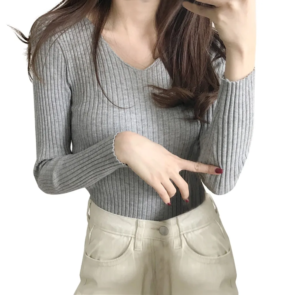 Женский свитер, Модный зимний женский однотонный вязаный свитер с v-образным вырезом и длинным рукавом, пуловер, Женский Повседневный свитер, Новинка - Цвет: Gray
