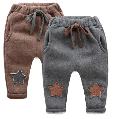 Штаны для малышей плотная зимняя детская Вельветовая флисовая одежда детские брюки для мальчиков и девочек теплые штаны со звездами коричневого и серого цвета, 80-120