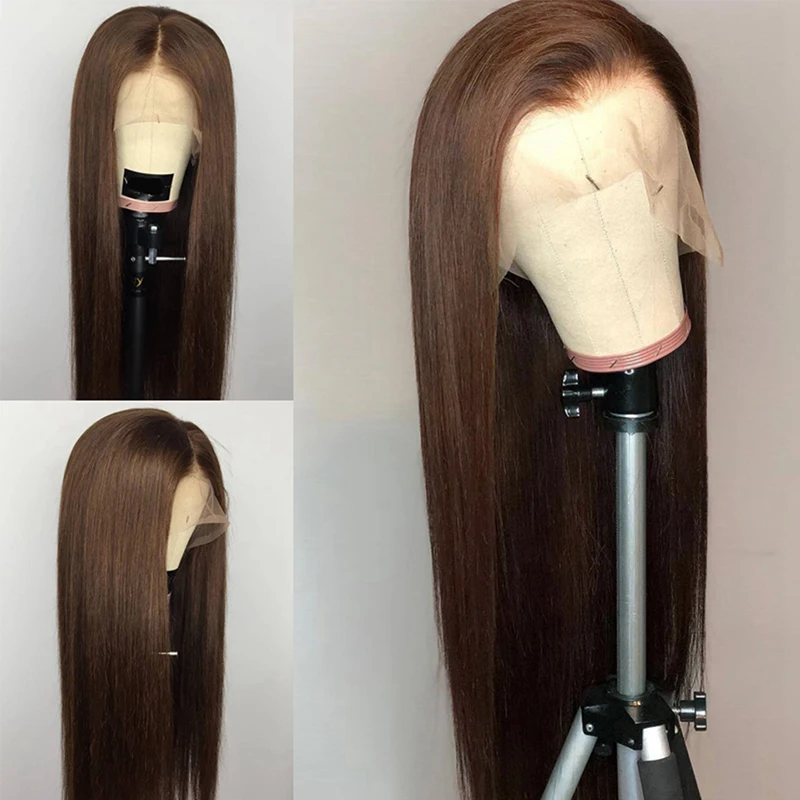 Прямые парики из человеческих волос на сетке спереди темно-коричневые цвет #2