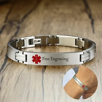

Mens Personalized Bracelet Stainless Steel Bangle In Silver Color Custom Medic Diabetes Jewelry Free Engraving 8.3"