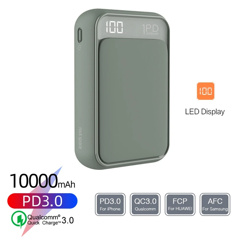 Green ROCK PD QC 3,0 10000 мАч Мини банк мощности 18 Вт внешняя батарея USB PD type C быстрая зарядка банк питания для iphone samsung S10 - Цвет: Green